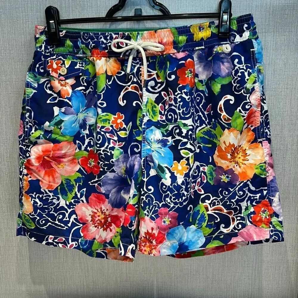 Polo Ralph Lauren Mens Floral Swim Shorts Trunks Blue Sz Large Elastic Waist